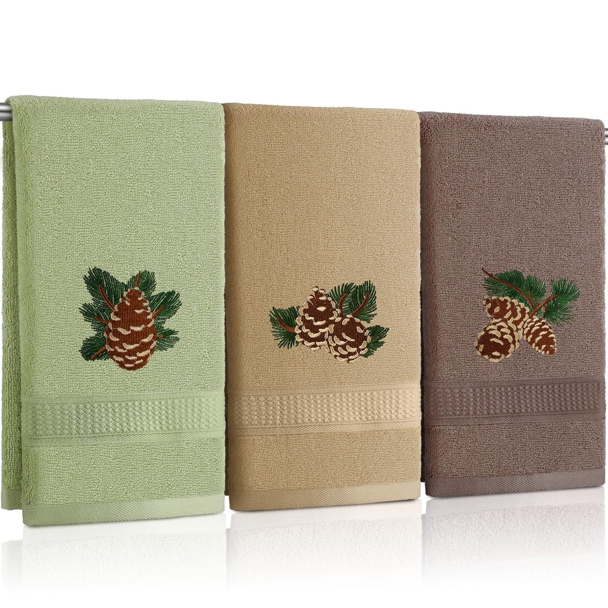 FuWeave 3 Pcs Rustic Pine Cone Hand Towels for Bathroom Christmas Decor, Pinecones Branch Embroidered Decorative Towels for Bathroom Kitchen Holiday Decor, 100% Cotton, 13.3 x 29.5''