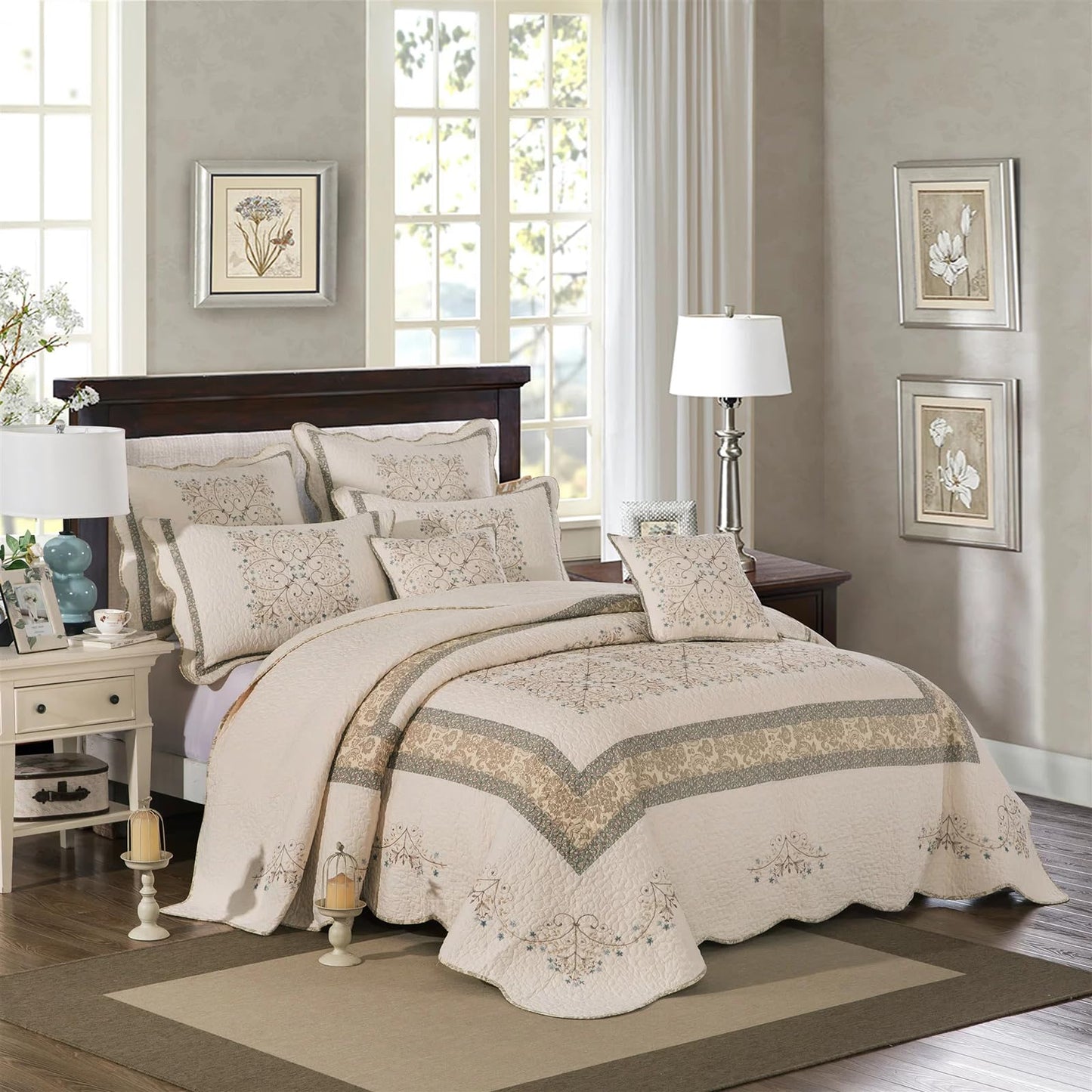 ROOMLIFE Quilt Set Queen Size 3D Floral Embroidery Pattern 3-Piece Cotton Reversible Quilted Embroidered Decorative Bedspreads Coverlet Bedding Set, Lightweight &Soft, All Season(86.6" X 94.4")