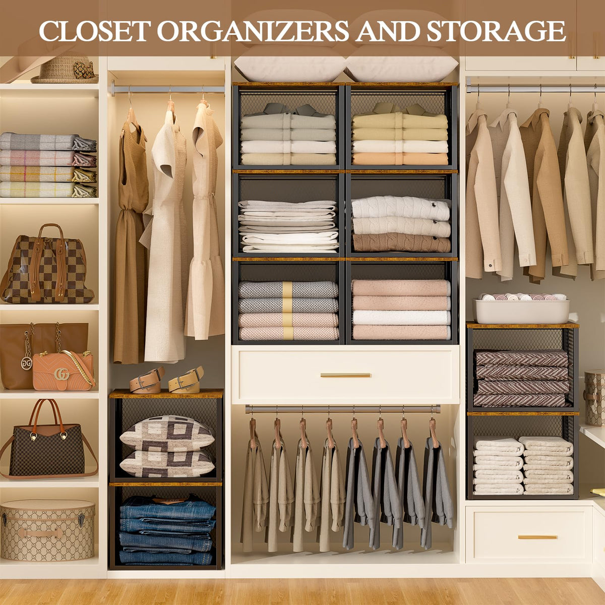 3 Pack Stackable Closet Organizers and Storage Basket, Closet Shelves with Wood Top Extra Storage, Multifunctional Clothes Organizer Bins/Cube Storage Drawer for Wardrobe Kitchen Laundry Room, Black