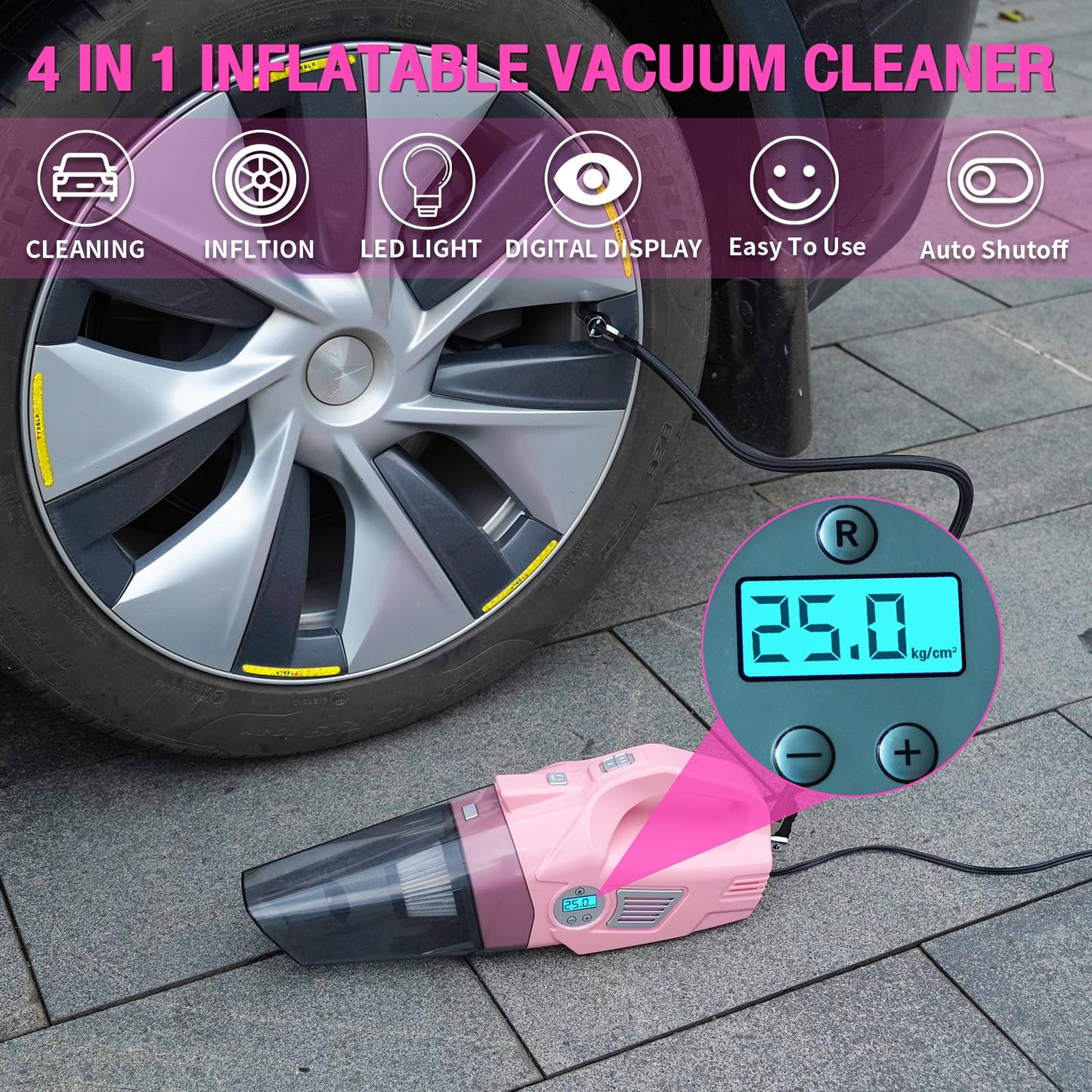 vioview Roadside Emergency Car kit for Vehicles, with 4 in 1 Inflatable Car Vacuum Cleaner, Pink Jumper Cables, First Aid Kit, Tow Rope, Vehicle Road Trip Must Haves Pink Accessories for Women