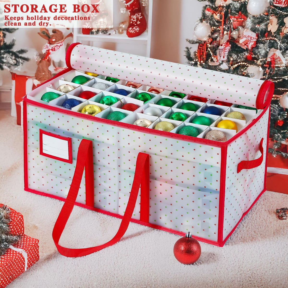 BIEBOS Portable Waterproof Christmas Decoration Ball Storage Box - Stores 128 Ornaments, 3-inch Balls, 8 Independent Layered Trays, Foldable for Easy Access