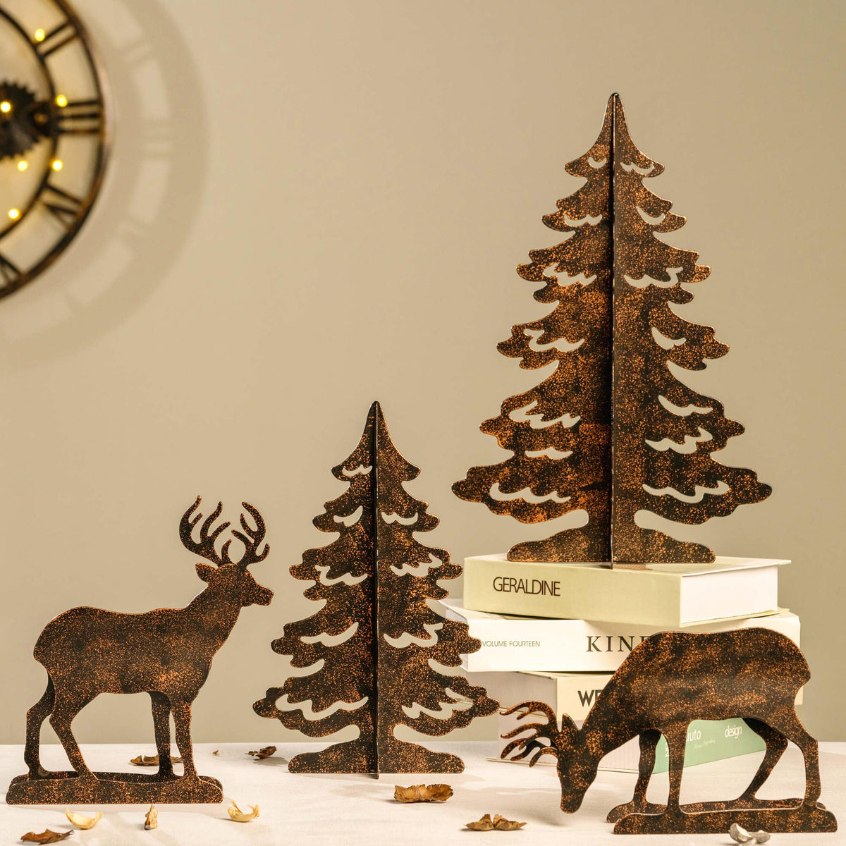 YULETIME 4-Piece Metal Christmas Reindeer and Tree Scene Silhouette Set, Winter Forest Deer & Spruce Landscape Holiday Tabletop Ornament