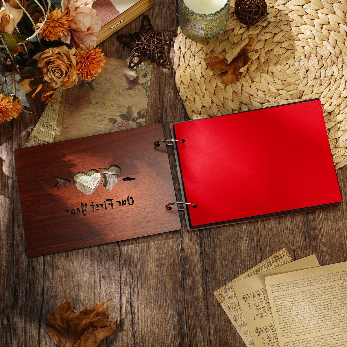 Cinnvoice Our First Year Scrapbook, 1-Year Down Photo Album for Couples Handmade DIY Memory Notebook Family Photo Album for Couples Husband Wife Memory Book(Our First Year-red)