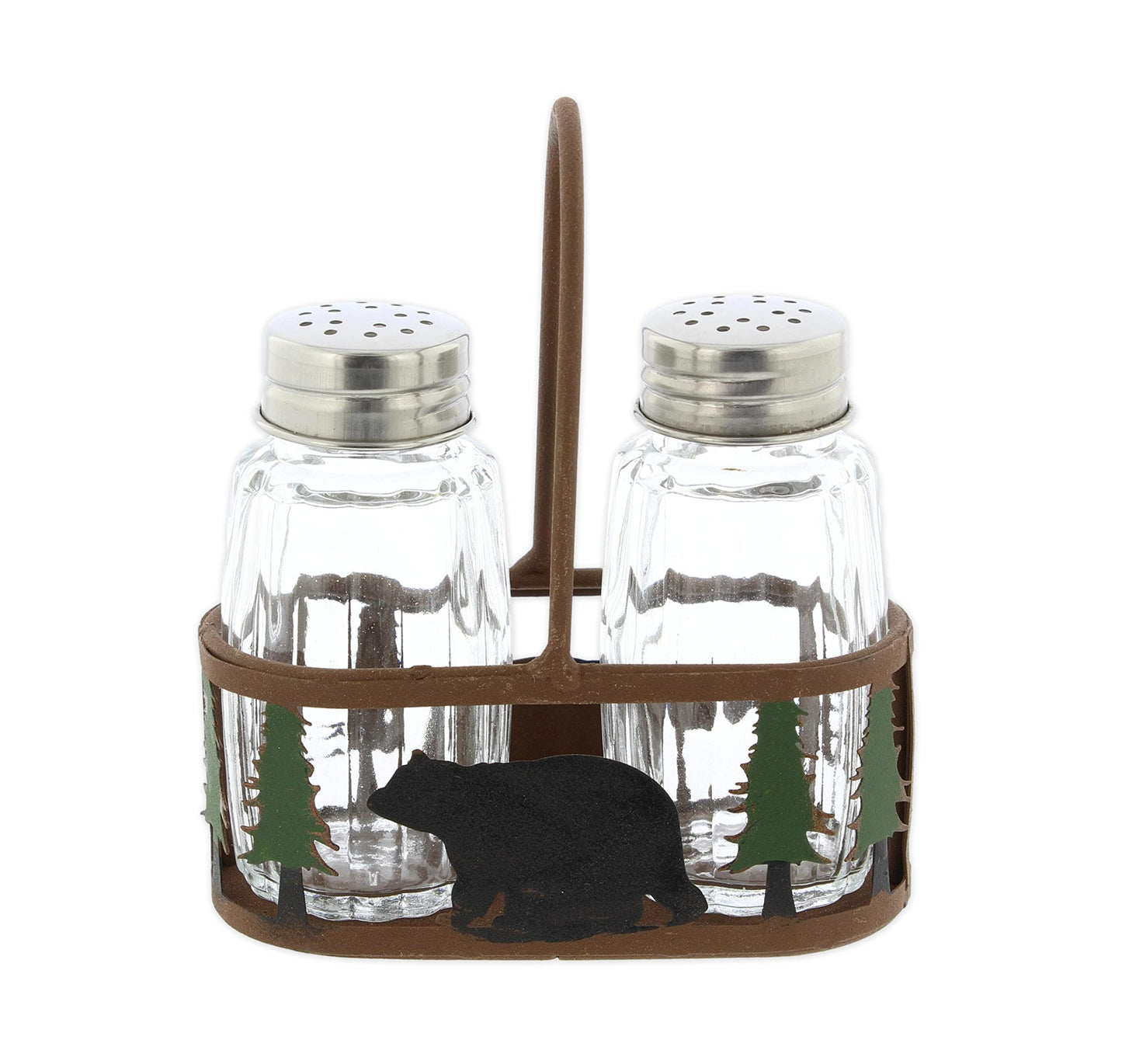 Distinctive Designs Black Bear and Pines Salt and Pepper Shaker Holder Set - 3 Piece Set - Bear Salt and Pepper Shakers - Rustic Lodge Kitchen Tabletop Cabin Decor