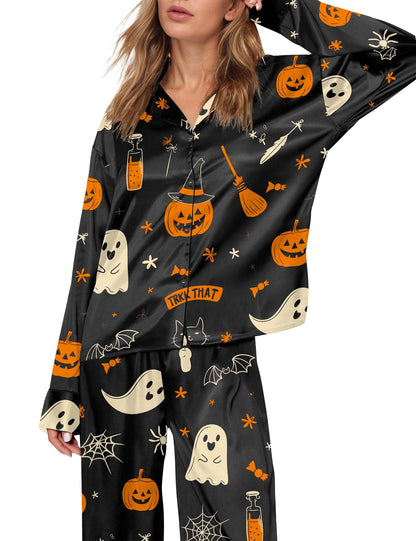 SHESHOW Funny Halloween Pajamas Women Satin Pajama Long Sleeve 2 Piece Sets Cute Halloween Pjs Women Black XL