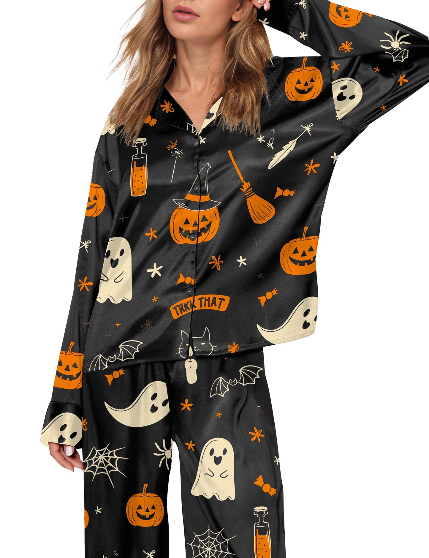 SHESHOW Funny Halloween Pajamas Women Satin Pajama Long Sleeve 2 Piece Sets Cute Halloween Pjs Women Black M