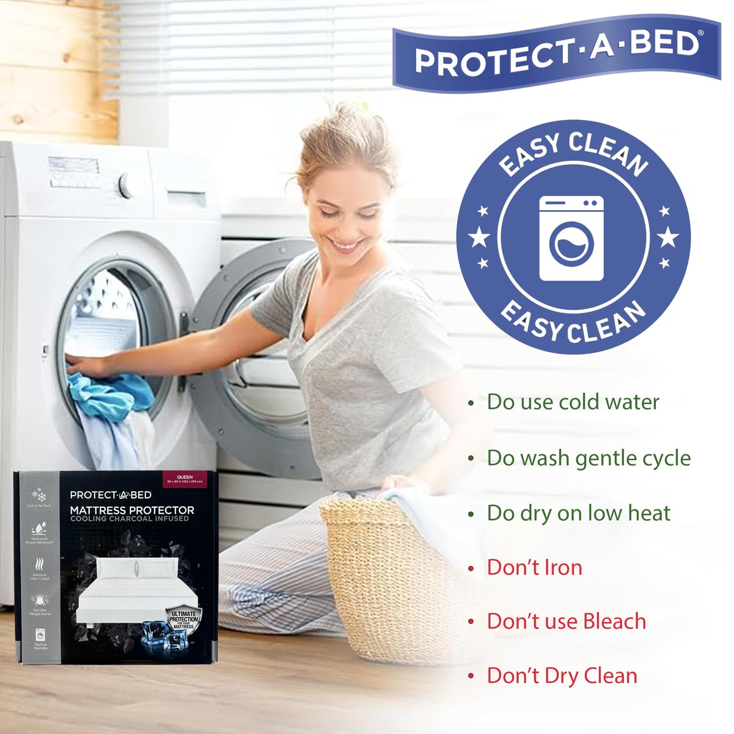 Cooling Charcoal Infused Mattress Protector, Protect-A-Bed, Waterproof, 5-Sided, Queen