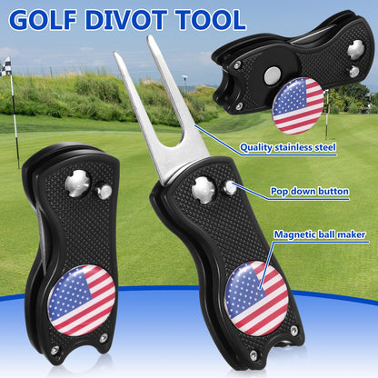 WinnerWhy 15Pcs American Flag Golf Accessories Kit, Include Golf Towel Plastic Golf Tee Golf Ball Bag with Hook Golf Divot Tool with Magnetic Ball Marker Golf Club Brush 4th of July Golf Gifts for Men