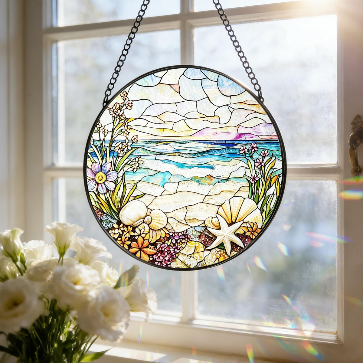 Stained Glass Window Hanging, 7.8 Inch Beach Stained Glass Suncatcher Ornament, Suncatchers for Windows, Doors & Home Decor, Starfish Coastal Window Decor, Summer Lover Gift & Gift for Beach Lovers