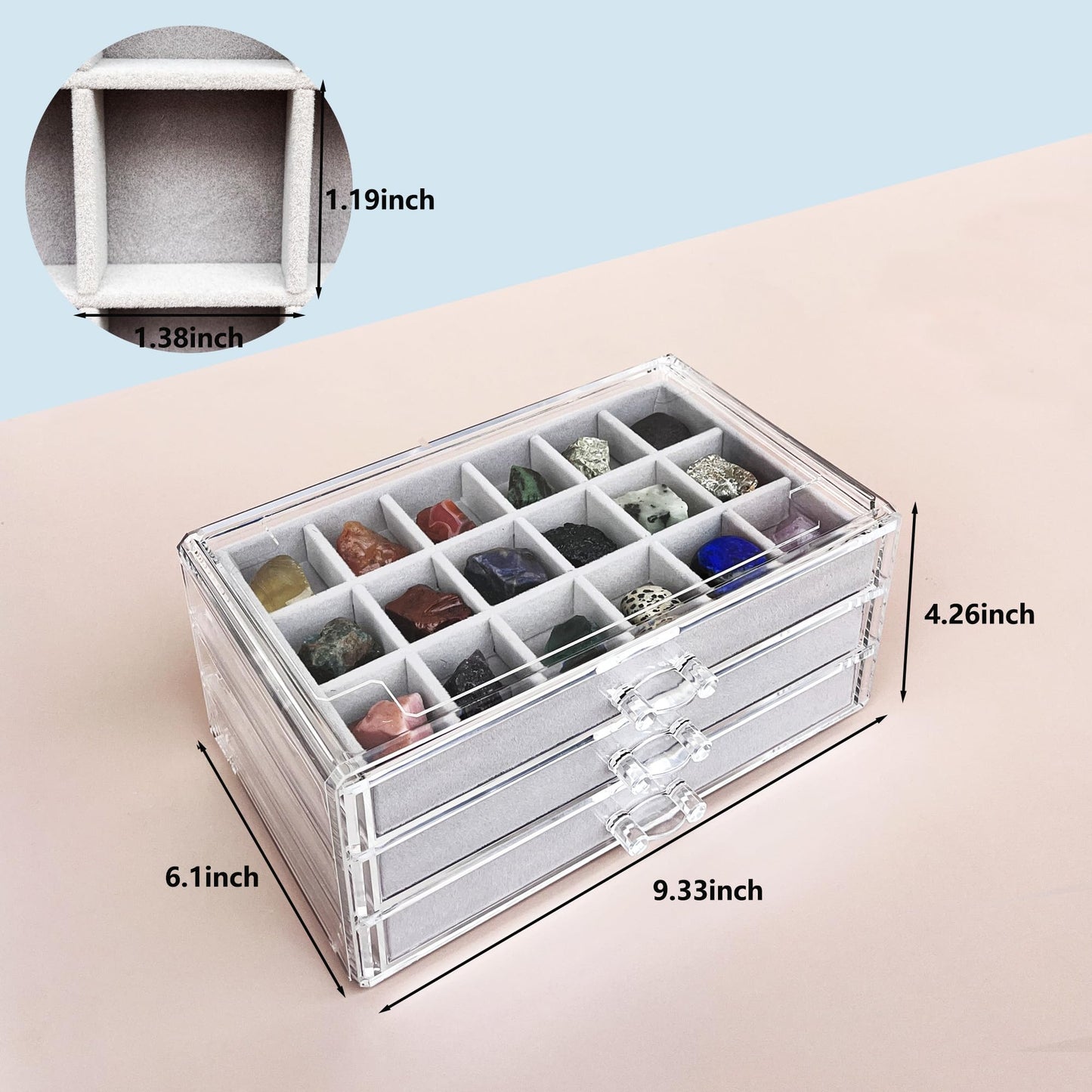 HEMYLU Acrylic Rock Collection Display Case for Kids, Crystals Displaying Box with 3 Drawers & 54 Grids and Gem Knowledge Handbook, Gemstone Organizer Showcase for Gem Enthusiasts