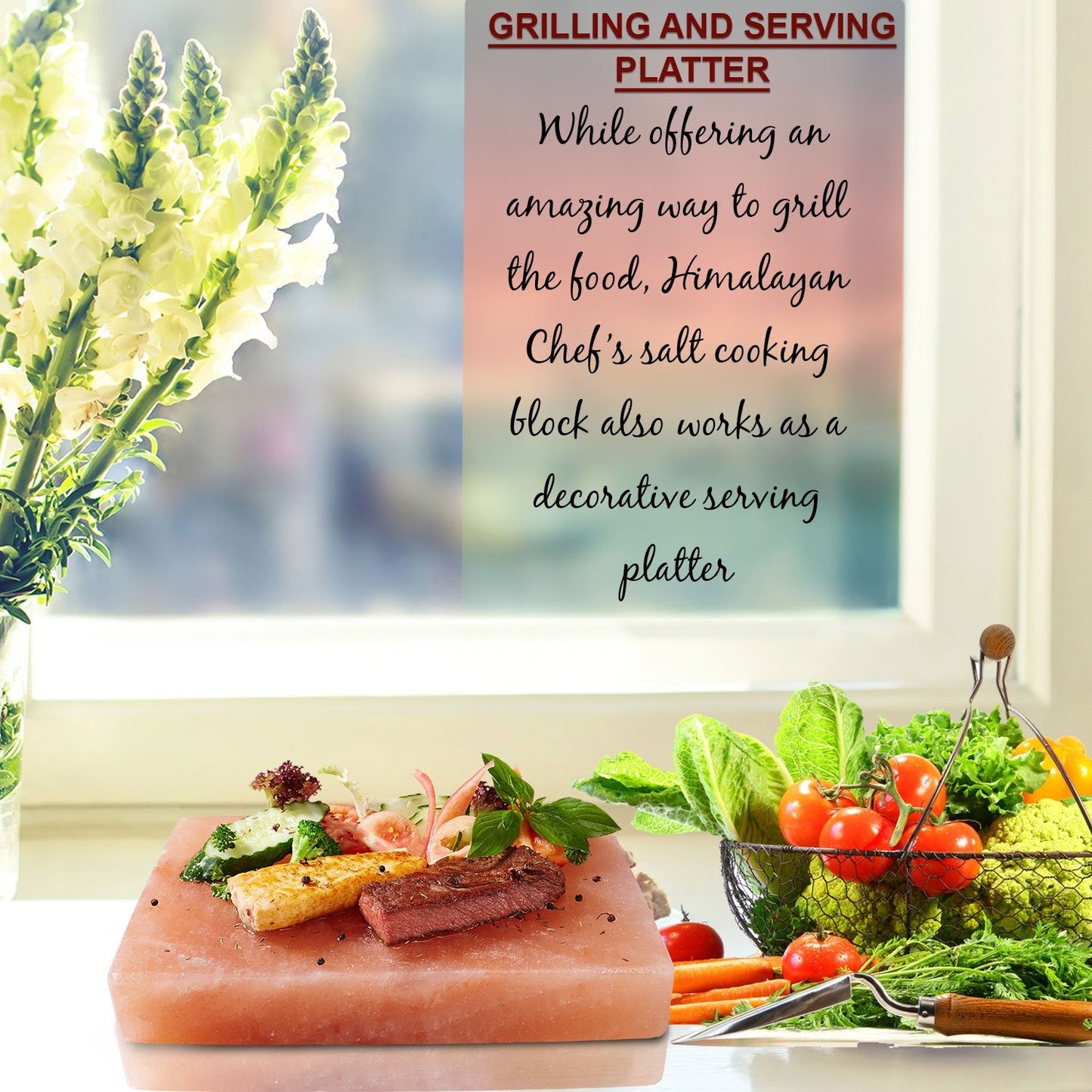 Himalayan Chef Natural Pink Salt Plate For Cooking, Grilling, Cutting and Serving, Pink Salt Slab (8" x 8" x 2")