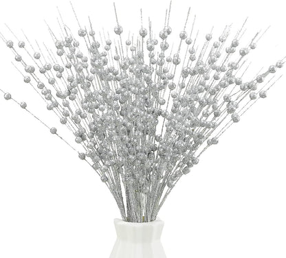 Artificial Glitter Berry Stems Silvery Decorations 17 Inch, Fake Berries Bead Sticks Pick for Halloween Christmas Ornaments Glittery Berries Xmas Tree Wreath Vase Filler Home Decor - Silver 10 Pack