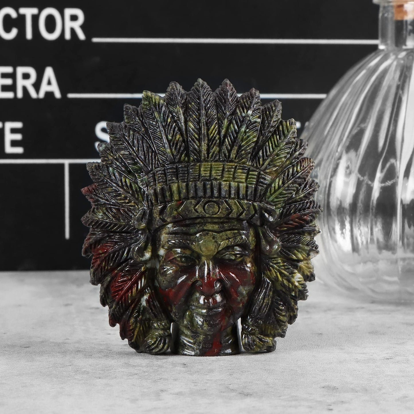 SMQ 2.5" Dragon Bloodstone Crystal Indian Head Figurines Hand Carved Gemstone Chief Bust Statue Collectable Reiki Healing Stones Ornament for Halloween, Office, Home Decor