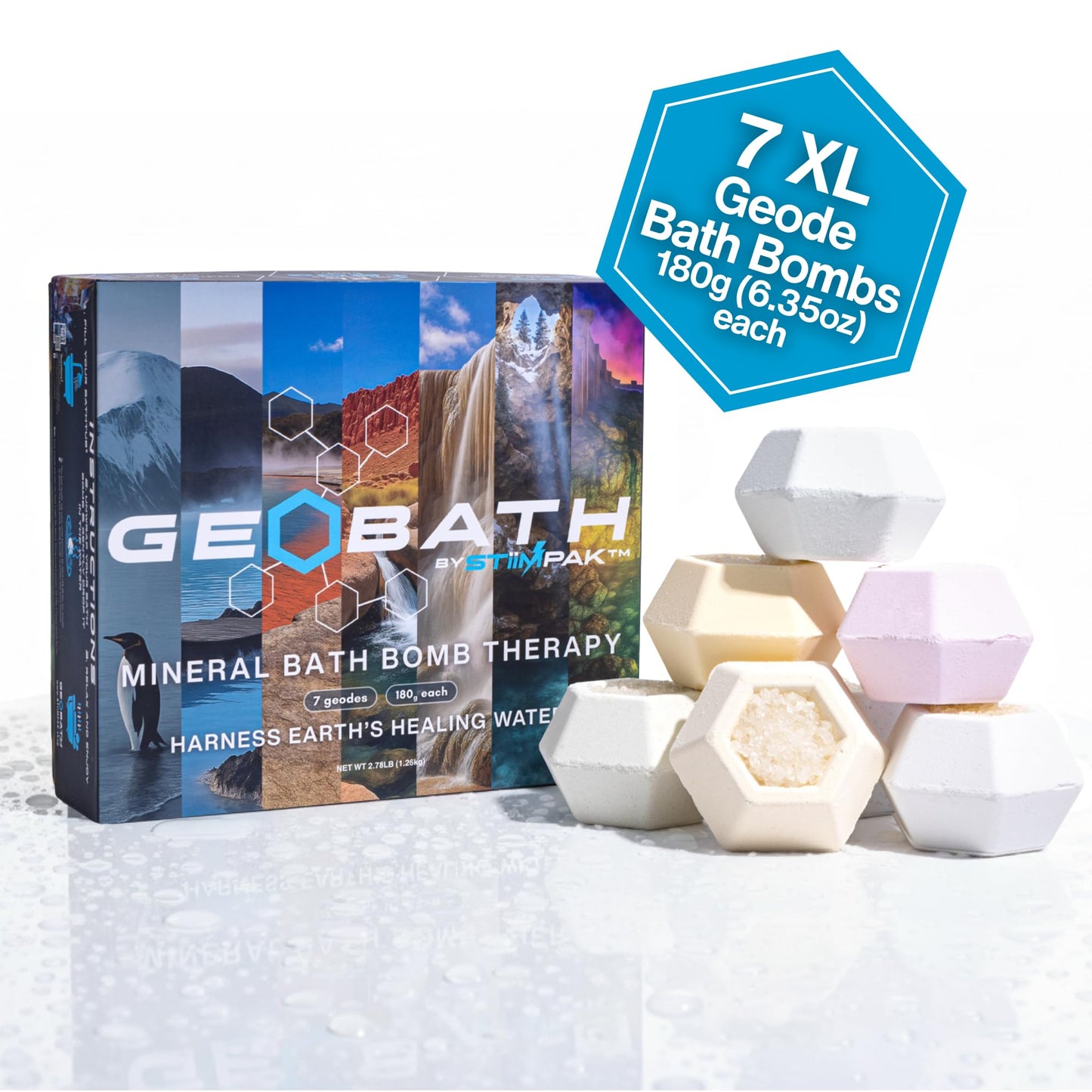 Magnesium & Epsom Salt Natural Mineral Bath Bombs | XL 180g | Skin Care & Muscle Relief Bath Soak Inspired by the World’s Healing Hot Springs | Dye & Fragrance Free | GeoBath (7 Pack)