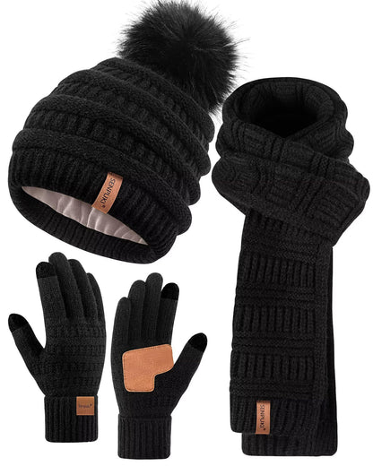 Womens Winter Beanie Hat Scarf Gloves Set, Cute Pom Pom Beanie with Warm Fleece Lined Long Knit Neck Scarf Touchscreen Gloves, 3 Piece Set for Cold Weather(Black)