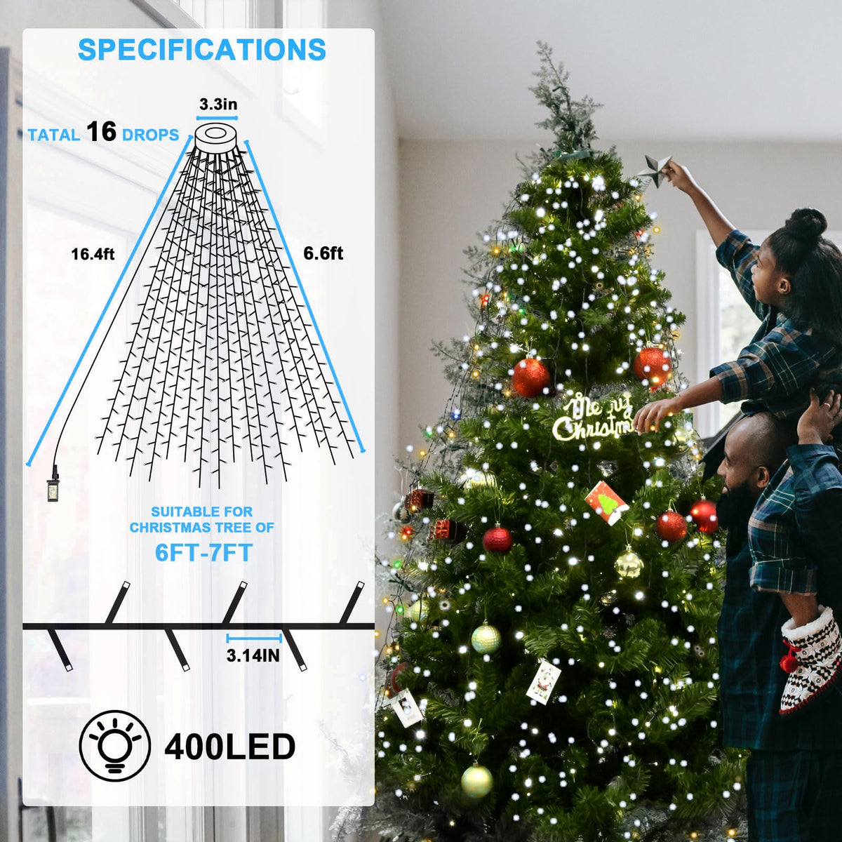 BOLWEO Christmas Tree Lights 400LED 16 Lines Christmas Lights for Tree 8 Modes for 6ft-7ft Tree, UL Certified Indoor Outdoor Christmas Decorations 16 * 6.6ft Drops Cool White