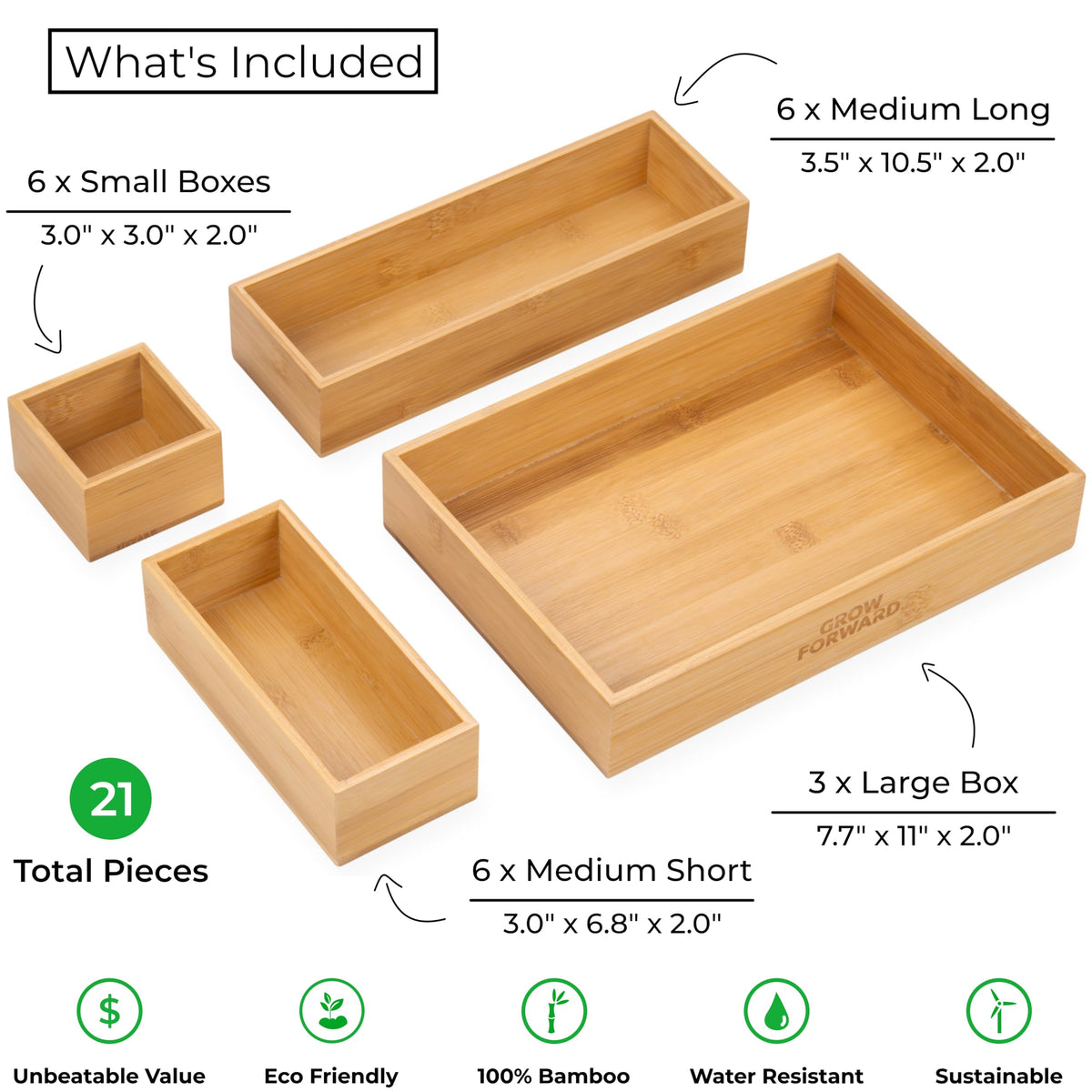 Grow Forward Bamboo Drawer Organizer Boxes - Set of 21 Wooden Drawer Organizers for Kitchen, Bathroom, Office, Desk, Vanity, Makeup - Non-Slip Junk Drawer Organizer Trays for Storage and Organization