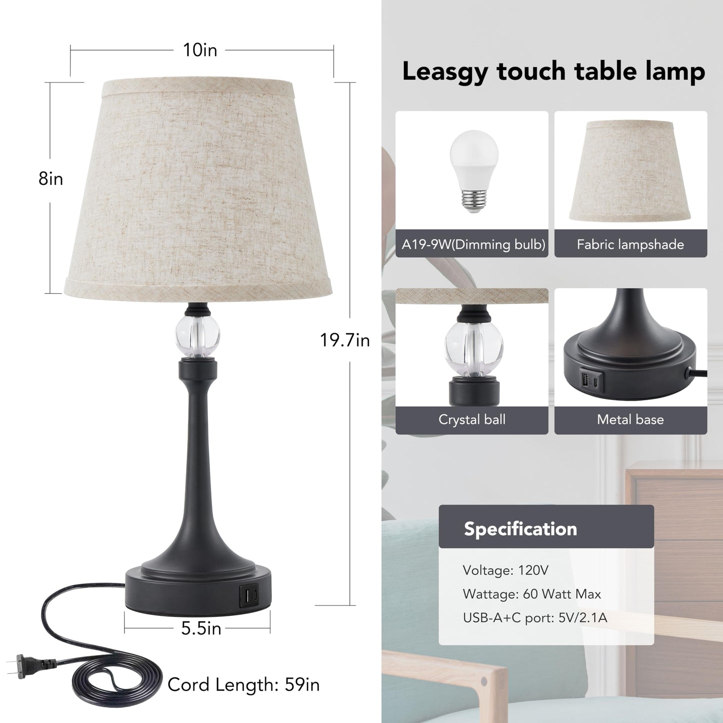 Leasgy 19.7'' Touch Table Lamps for Living Room, Small Lamp for Bedroom with USB C+A Ports, Dimmable Touch Lamps, Reading Desk Lamp for Office, Metal Bedside Lamps, Bulb Included, 1pcs, Black