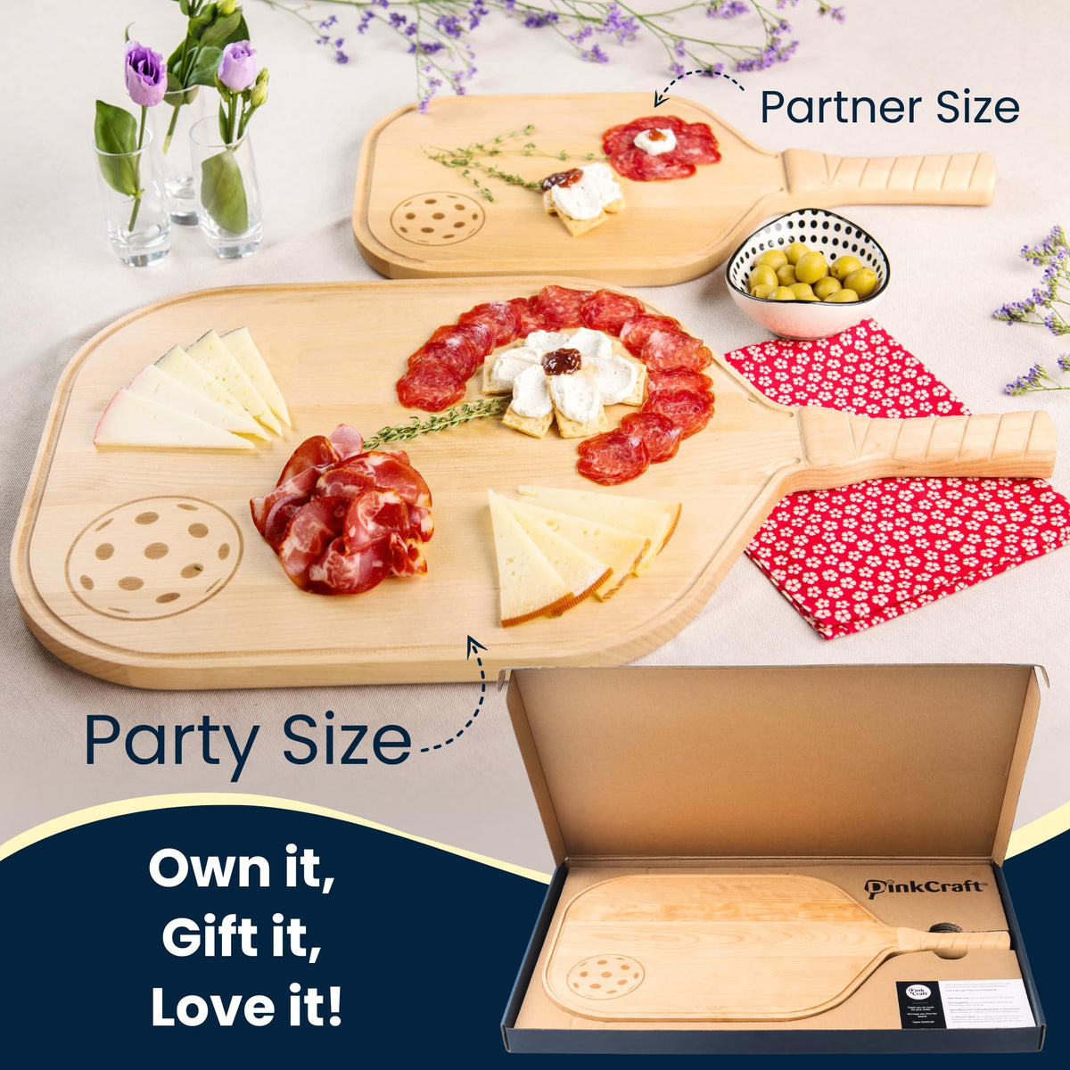 DinkCraft Pickleball Charcuterie & Cutting Board, Pickleball Gift, Partner Size - 17 x 8.5 x 0.75”, Birch Wood, Paddle Shape with Handle, Mineral Oil Finish