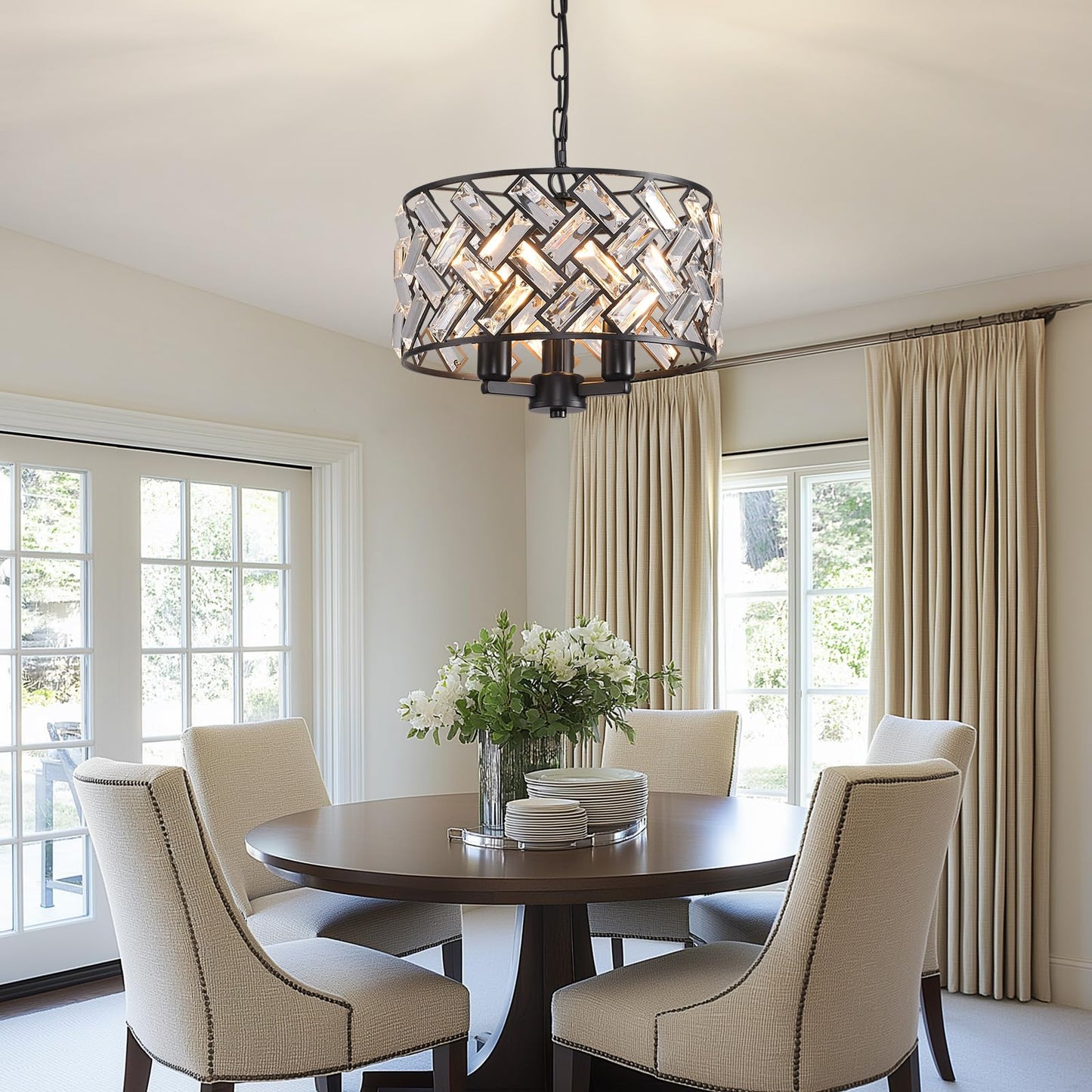 lobolighting Black Crystal Chandelier, 11'' Modern Chandelier, 3-LightSemi Flush Mount Ceiling Light Fixture for Dining Room Foyer Hallway