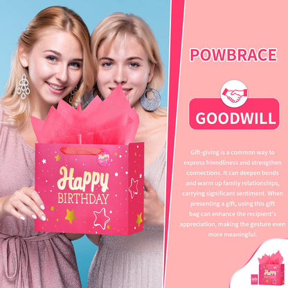 13" Pink Happy Birthday Gift Bag with Tissue Paper and Greeting Card for Party,Happy Birthday Gift Bag for Men Women,Gift Bags Medium size(1 PCS Pink Hot Stamping)