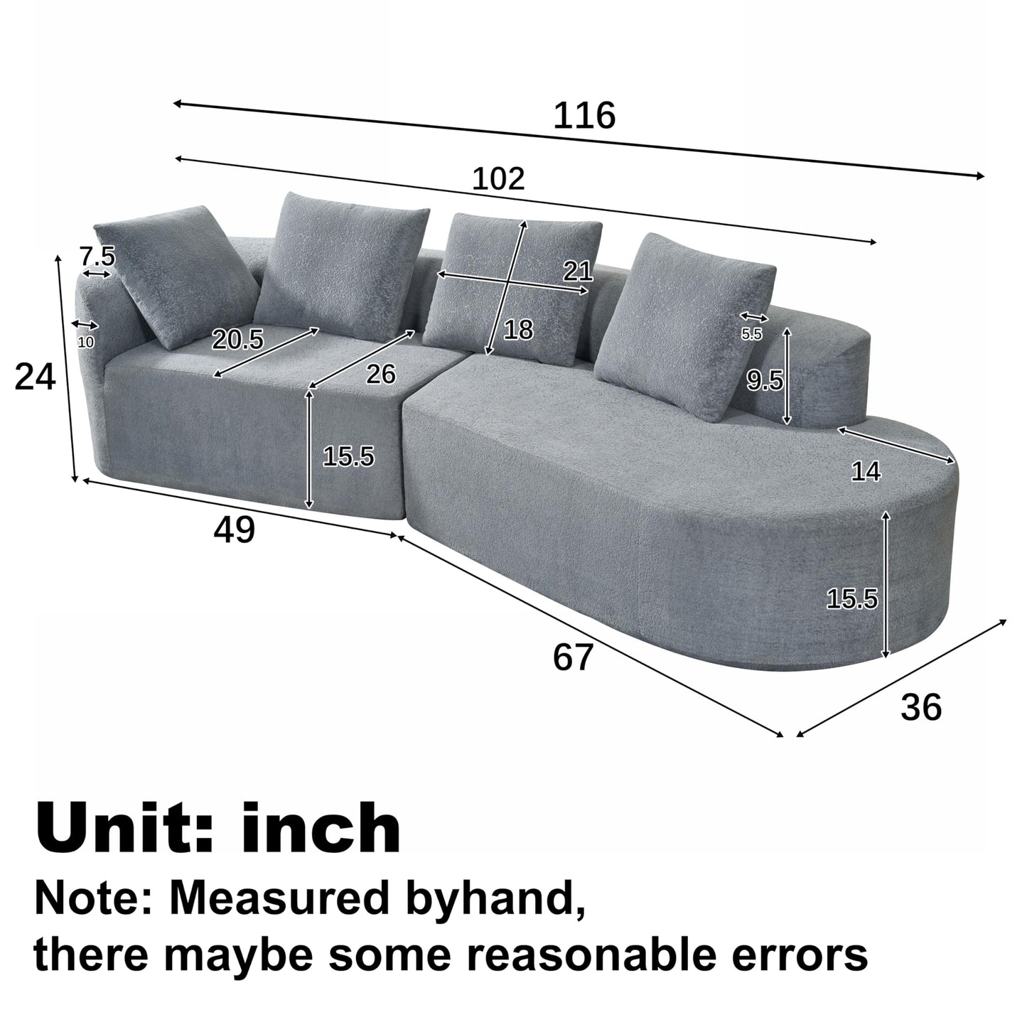 Merax 116" Curved Polyester Sectional Sofa, Modern Pearl Upholstery 3 Seat Cloud Couch with Chaise Lounge & 4 Pillows for Living Room, Light Gray