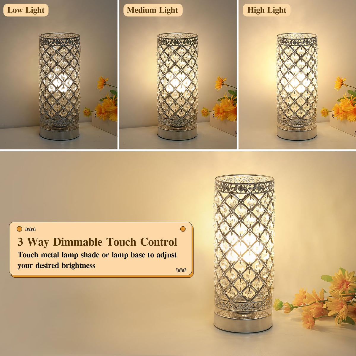Seaside village Crystal Table Lamp Touch Control Dimmable Accent Desk Lamp Bedside Modern Table Light with Silver Lamp Shade Night Light Fixture for Living Room Bedroom Kitchen