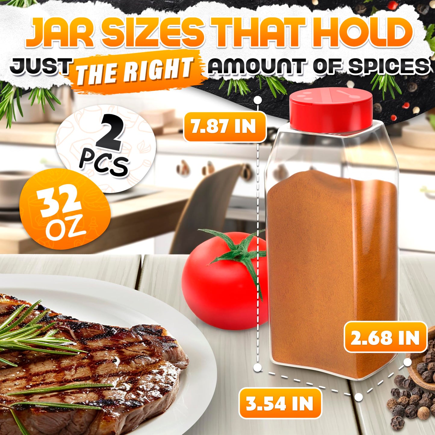 2 Pcs 32 oz Large Seasoning Shaker Set – Clear Spice Containers with Dual Flip-Top Red Lids and Airtight Seal – Food-Grade Plastic, Wide Mouth for BBQ Rubs, Bulk Spices, Loose Leaf Tea & Craft Storage