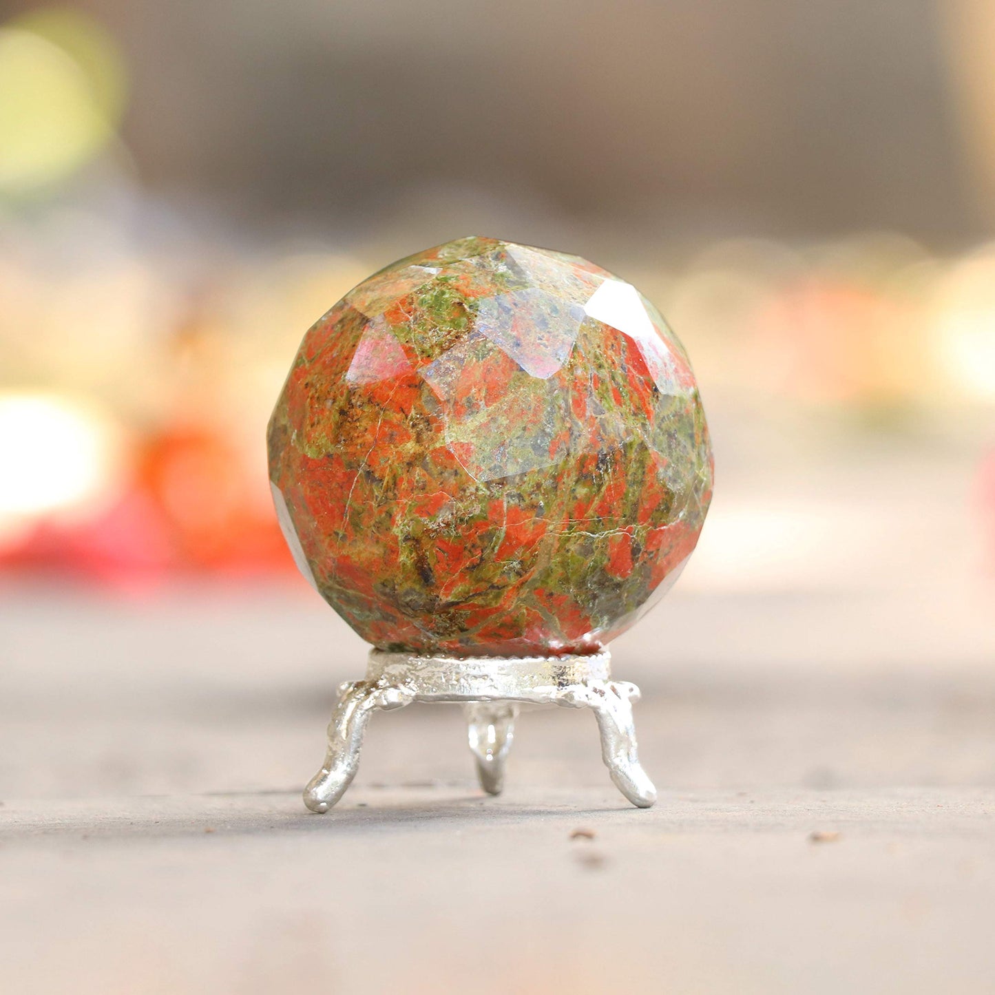 Crocon 45mm Unakite Diamond Cut Stone Sphere Ball with Metal Stand 1400+ Carats Gemstone Ball Healing Ornament Rock Sphere Sculpture Figurine for Fengshui Divination Crystal Home Decor Photography