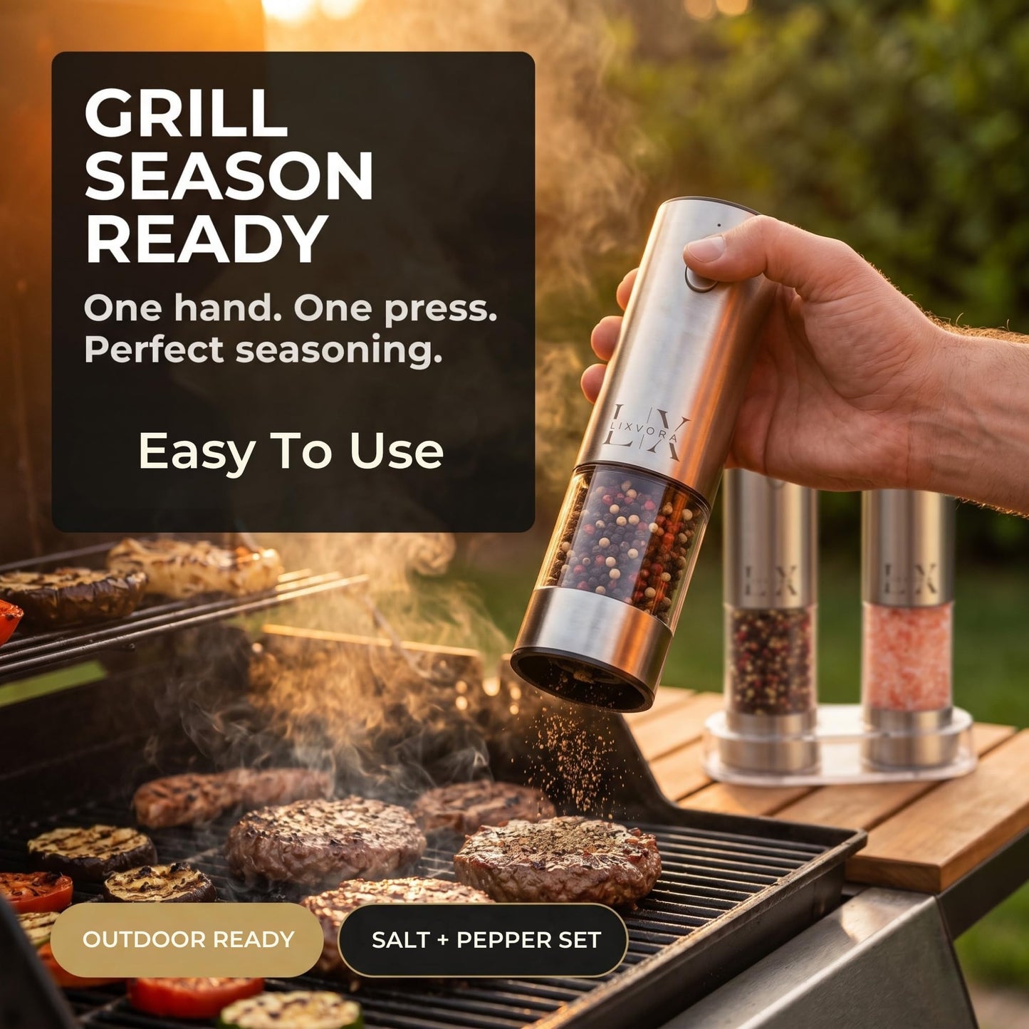 LIXVORA Electric Salt and Pepper Grinder Set, Rechargeable Salt and Pepper Grinders, Stainless Steel Automatic Pepper Mill, Adjustable Coarseness, LED Light, One-Hand Operation for Kitchen & Dining