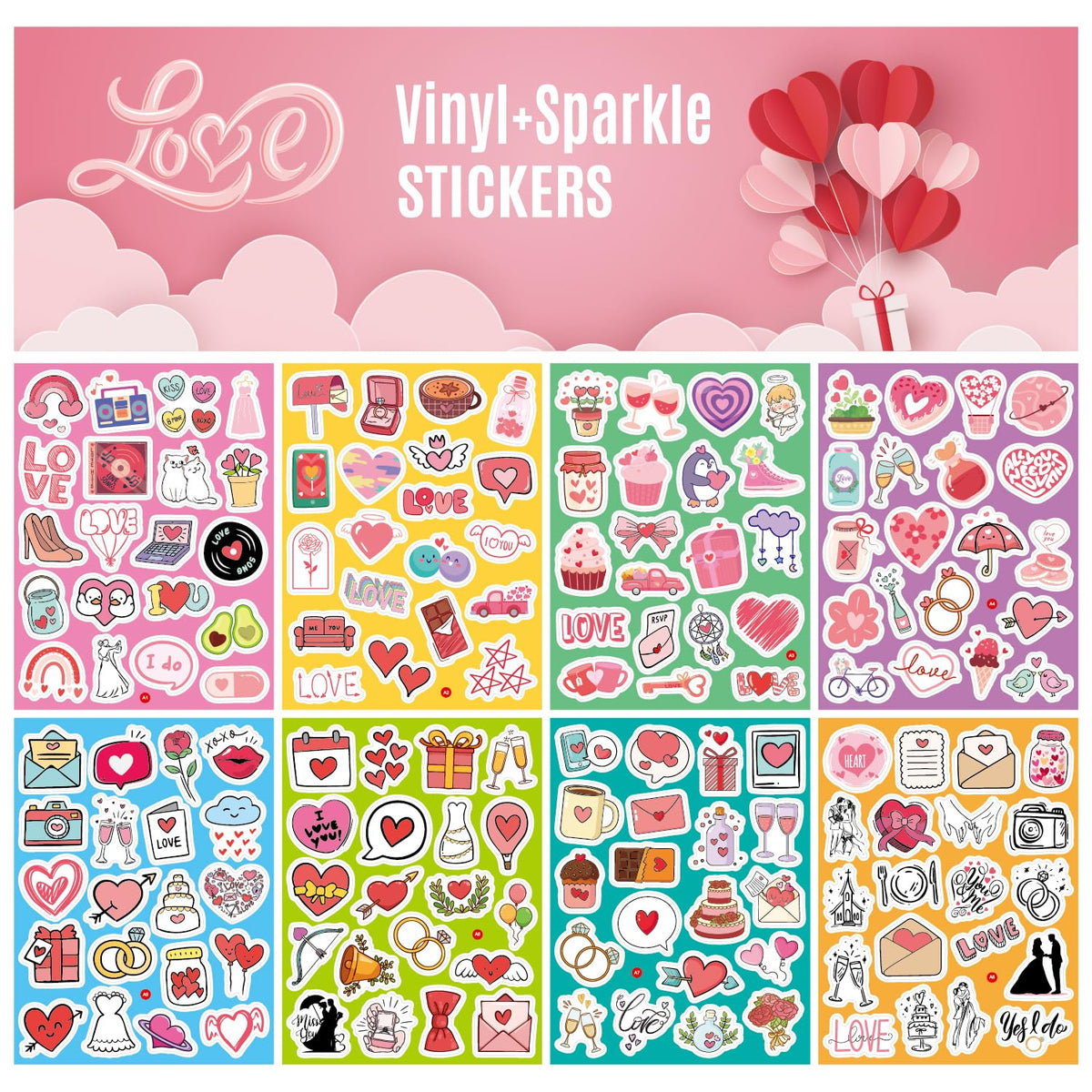 PartyGarden Wedding Love Stickers - 8 Sheets 160 Pcs for Kids Valentine's Day Anniversaries Bridal Shower Classroom Gift Exchange Scrapbook Bottle