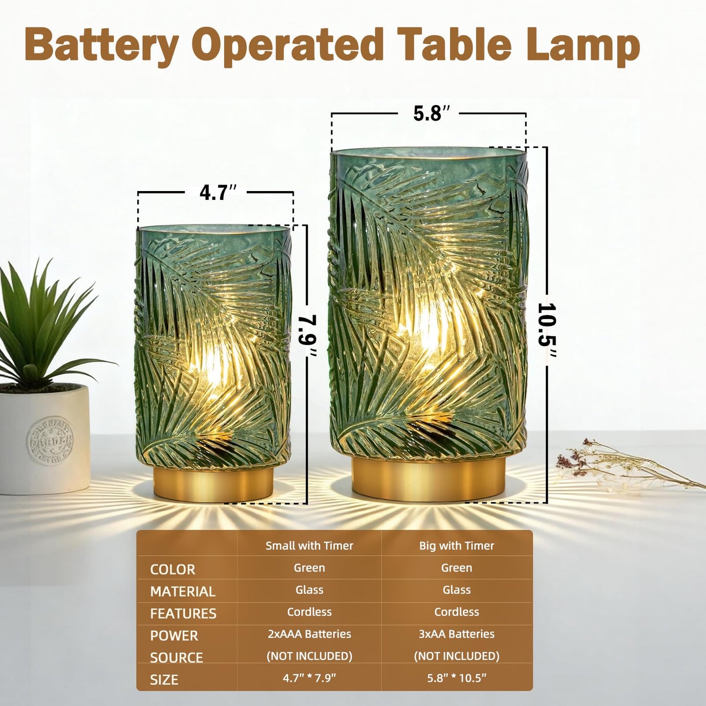 Battery Operated Table Lamp, Cordless Lamps for Home Decor, Battery Powered Nightlight with LED Bulb with Timer, Decorative Lights for Living Room Bedroom Tabletop Entryway Centerpiece Gift(L Green)