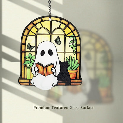Ghost Black Cat Suncatcher, Ghost Reading Book Christmas Giifts for Women, Cat Lover Gifts