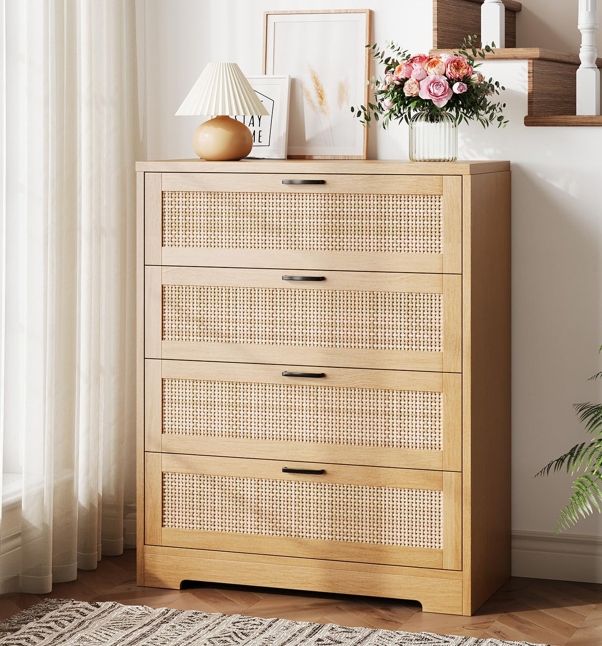 GarveeHome Rattan Dresser, Tall Chest of Drawers, Wood Dresser for Bedroom, Closet, Living Room, Hallway (Natural, 15.8" D x 31.5" W x 38.6" H (4 Rattan Drawers))