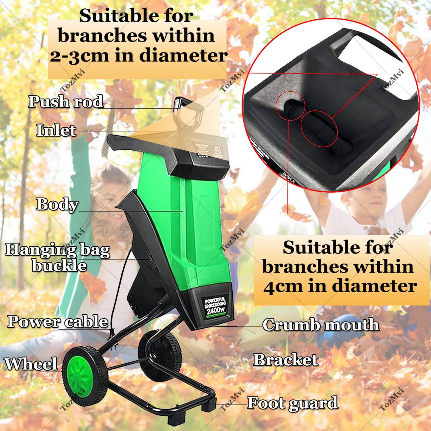 TozMvi 2400W Garden Cleanup Tool with Wheels,Electric Wood Chipper & Shredder & Efficient Leaf Mulcher,4500 RPM Electric Yard Waste Shredding Machine,with 50L Collection Bag