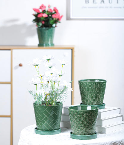BUYMAX Plant Pots Indoor –5 inch Ceramic Flower Pot with Drainage Hole and Ceramic Tray - Gardening Home Desktop Office Windowsill Decoration Gift, Set of 4 - Plants NOT Included (Patina)