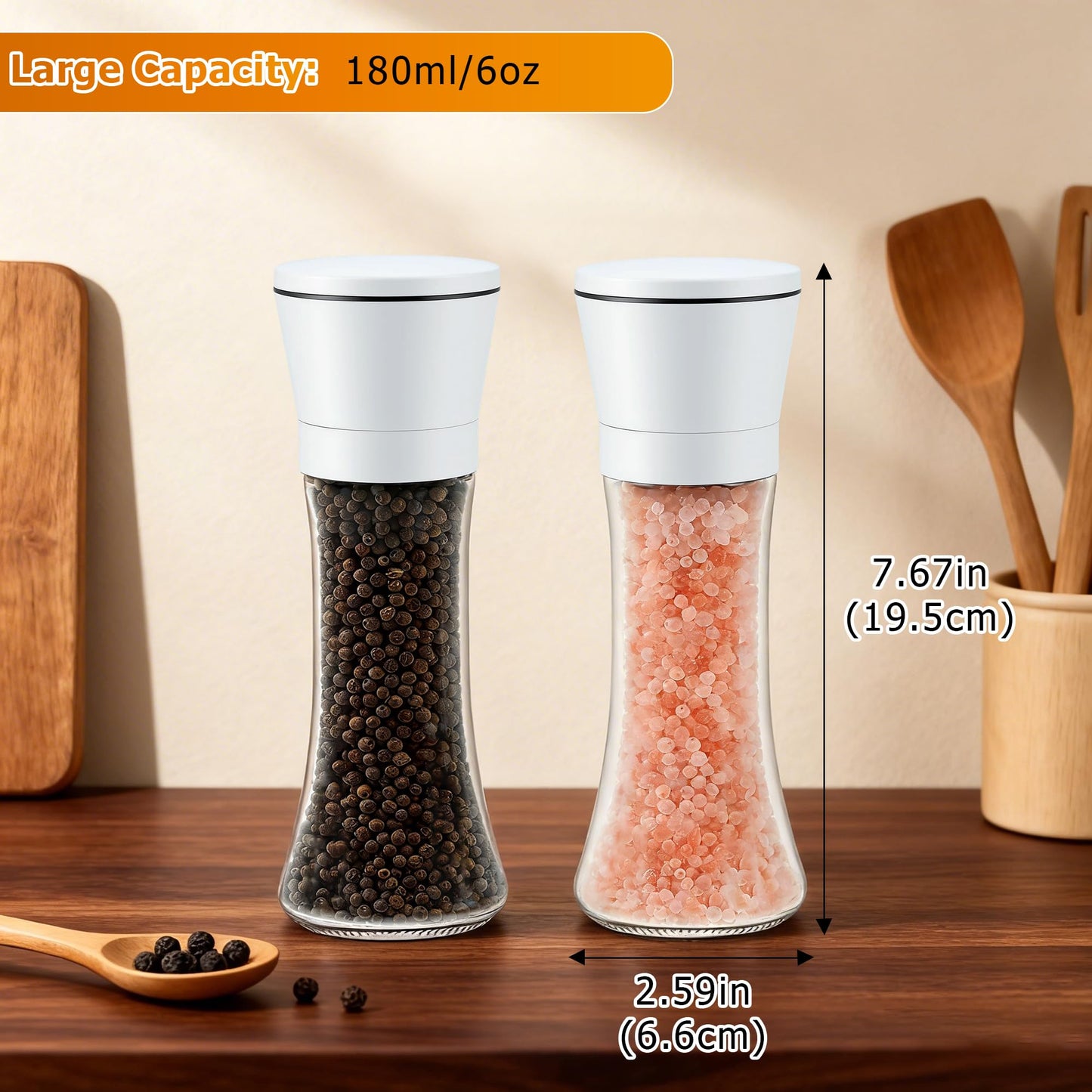 R DRURLCD Premium White Sea Salt and Pepper Grinder Set of 2 - Adjustable Ceramic - Glass Salt and Pepper Shakers - Kitchen Pepper Mill & Salt Mill W/Funnel