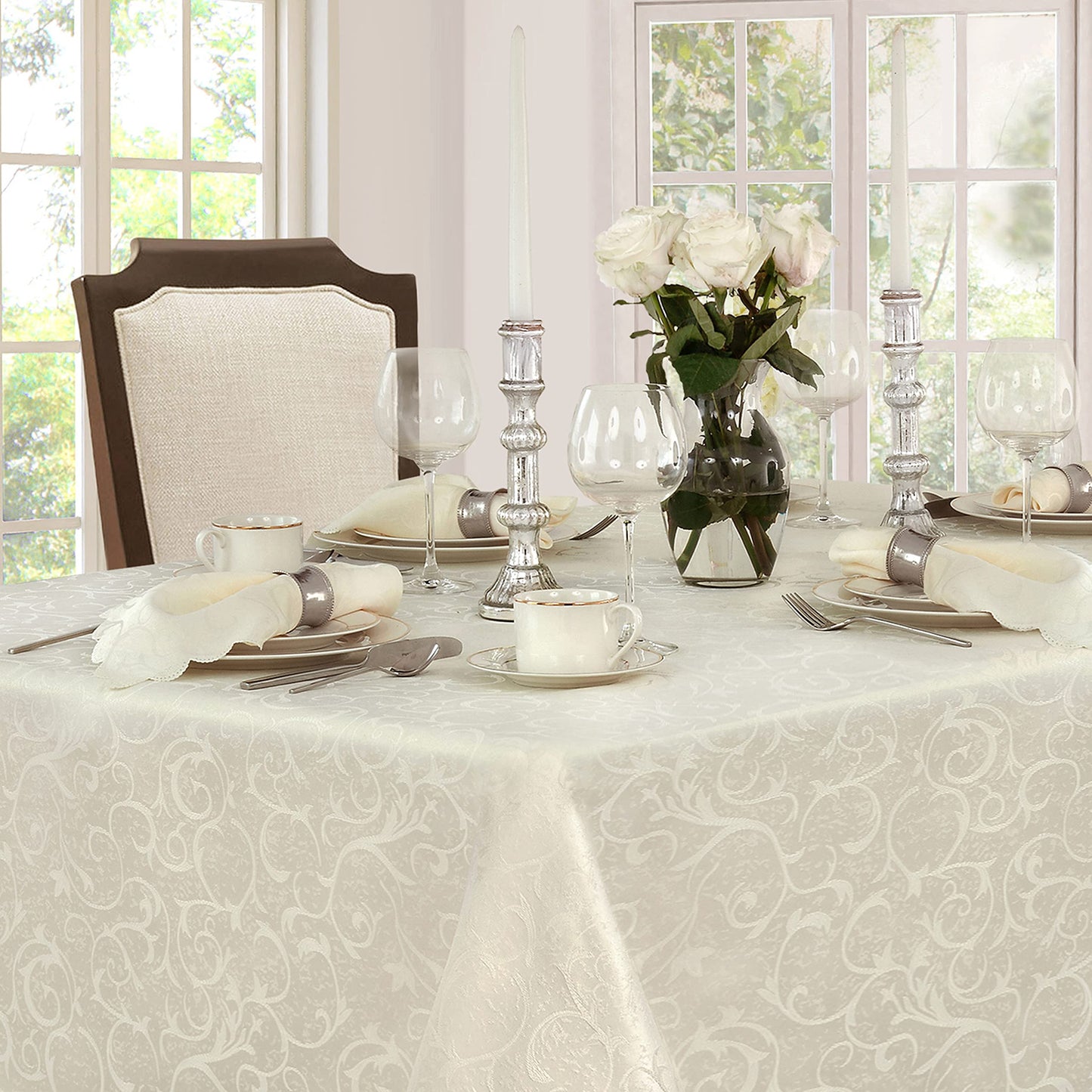 Newbridge Christmas Holiday Portofino Scalloped Damask Fabric Tablecloth, 60 x 144 Inch Rectangle, Ivory, Wrinkle and Stain Resistant Fine Dining Holiday Party Table Cover