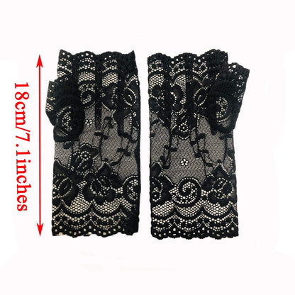 monochef Women Short Lace Gloves Sunblock Fingerless Bridal Wrist Floral Opera Evening Party Wedding Tea Prom Cosplay 1920s for Ladies and Girls, Black (Black)