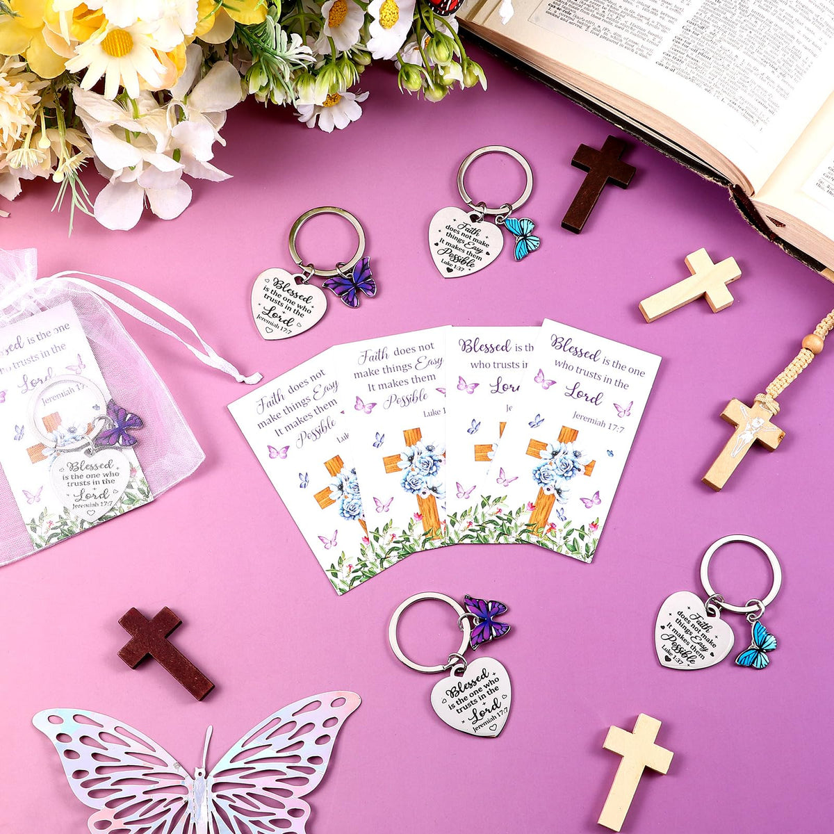 WZSTNBLA 20 Sets Inspirational Religious Gifts Christian Butterfly Keychain Motivational Encouragement Thank You Cards and Organza Bags Employee Appreciation Gift for Female Friends Staff Coworkers