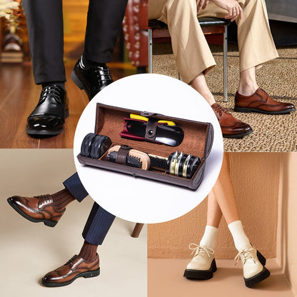 YUET Shoe Polish Kit Cleaning Shine Care Barrel Set For Brown Black Leather With Brush Travel Case Luxury Premium Soft Horsehair Bristle Dauber, Wooden Applicator, Shoehorn, Cloth 12 Piece Brown Pouch