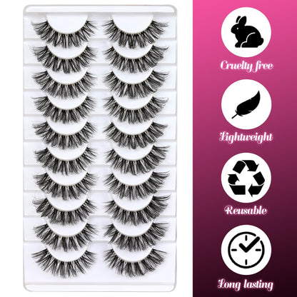 Veleasha Lashes Russian Strip Lashes Eyelashes with Clear Band Looks Like Eyelash Extensions D Curl Lash Strips 10 Pairs Pack (DT01)