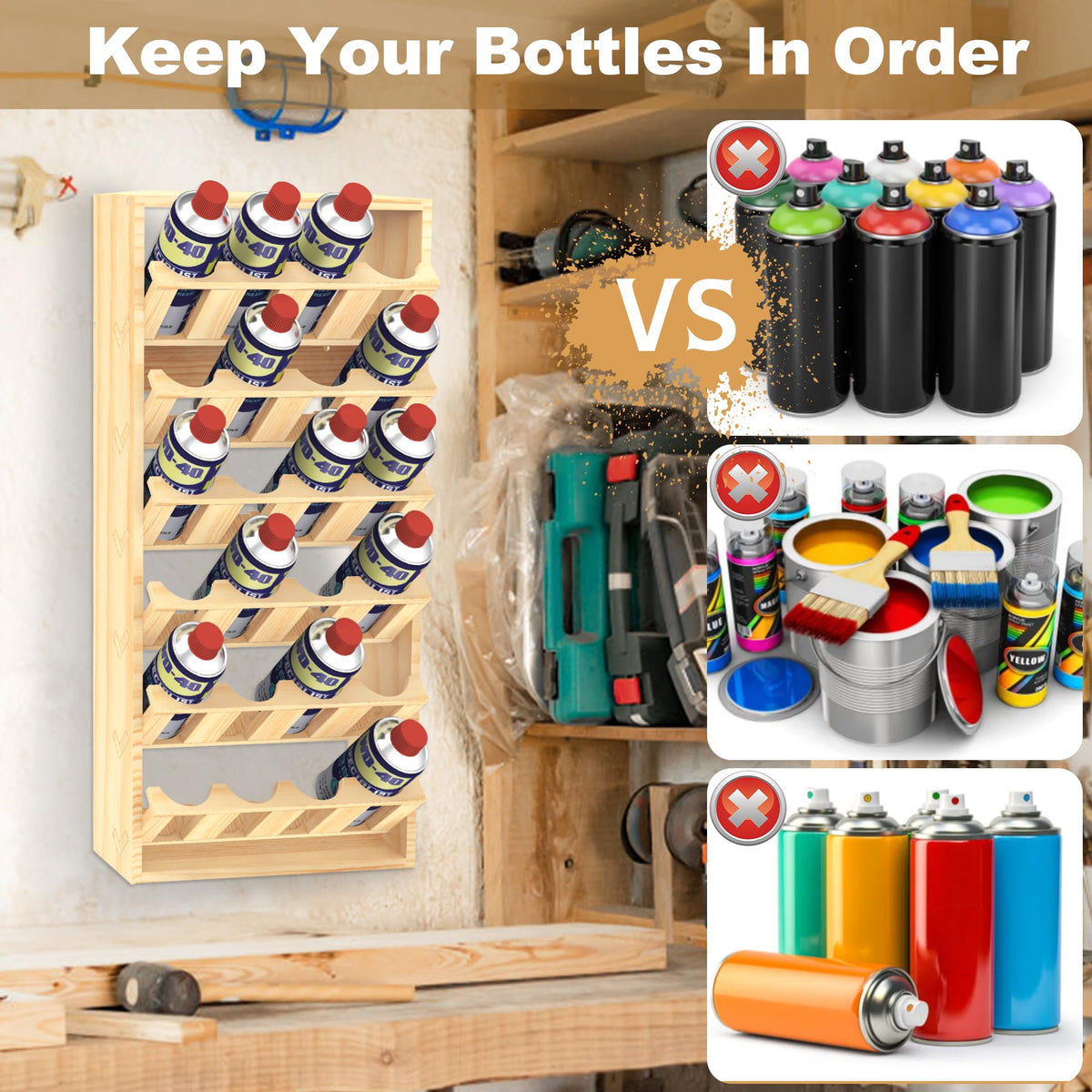 Yeshine 24-Can Spray Paint Storage Rack, Wooden Organization Rack for Paint and Lube, Craft Workroom Bottle Organizer, Wall Mount Aerosol Holder