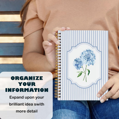 ignytiger Blue Hydrangea Notebook Journal, Hydrangea Gifts, Cute Blue and White Stripes Girly Floral Journal Spiral Notebook Aesthetic Office Supplies, 5.5x8.3 Inch