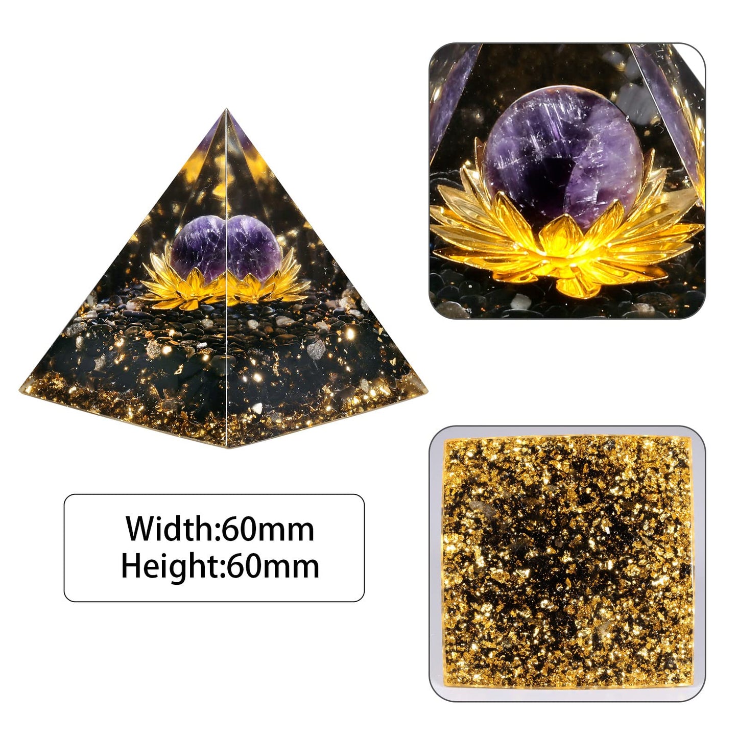 mookaitedecor Amethyst Crystal Sphere Orgone Pyramid with Obsidian Tumbled Stones and Golden Lotus Orgonite Energy Generator for Protection Meditation Home Decor