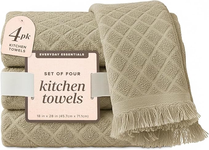 MosJos Kitchen Towels, Sage Taupe Diamond Pattern Drying Towels 18 x 28 Super
