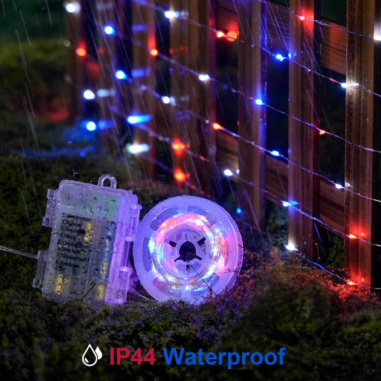 JMEXSUSS 2 Pack 100 LED Red White and Blue Fairy Lights Battery Operated, 33ft Battery Powered Twinkle Light with Remote, 8 Modes Red White and Blue String Lights for 4th of July Indoor Outdoor Decor