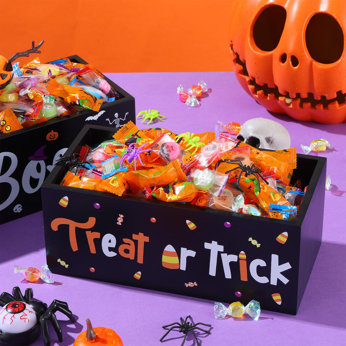 BOUTICOL 2 PCS Halloween Candy Bowl Dish Trick or Treat Wooden Candy Dish Holders Corn Spider Ghost Wood Candies Serving Bowl Tableware for Halloween Haunted House Corn Holiday Decor