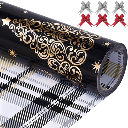 EWES Black Christmas Wrapping Paper Rolls Set, Cute Princess Kids Thick Aesthetic Elegant Girls Girly Heavy Duty Gift Wrap Sheets,Patterns with Christmas Tree,Reversible,Total 48.6sq.ft