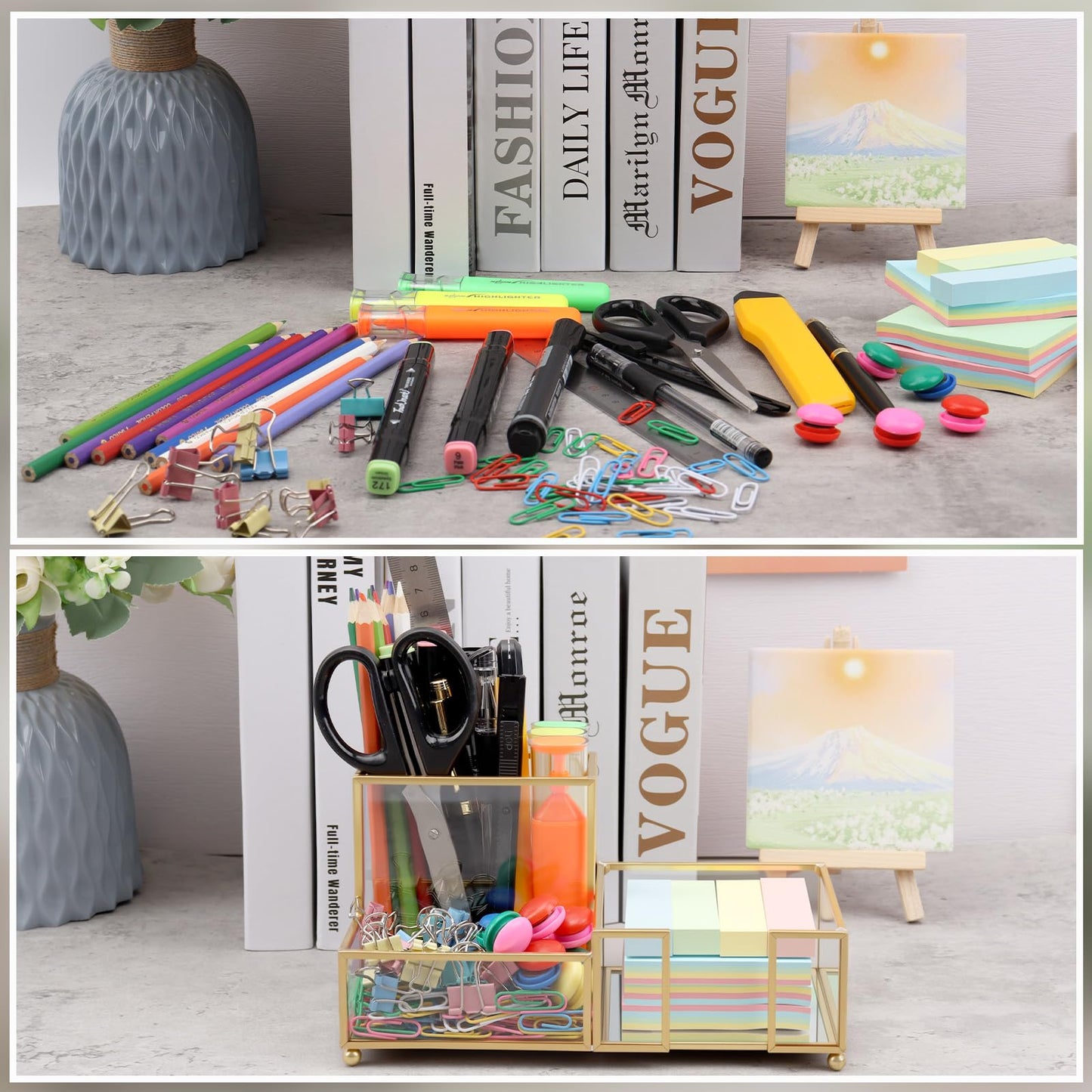 Shonmogar Desk Organizer with 3-Compartments,Glass Small Desk Organizer for Pens Pencils Business Cards Sticky Notes Paper Clips,Gold Stylish Pen Holder for Desk Home Office Decor